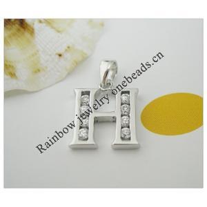 Sterling Silver Pendants platina plating, Alphabet(Letter) with Zircon 19x12mm, Sold by PC