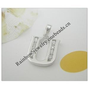 Sterling Silver Pendants platina plating, Alphabet(Letter) with Zircon 18.24x11.47mm, Sold by PC