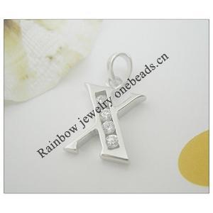 Sterling Silver Pendants platina plating, Alphabet(Letter) with Zircon 18.56x10.3mm, Sold by PC