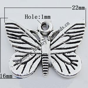 Pendant Zinc Alloy Jewelry Findings Lead-free, Butterfly 22x16mm Hole:1mm Sold by Bag