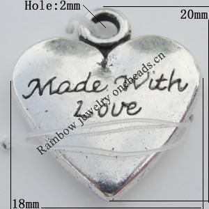 Pendant Zinc Alloy Jewelry Findings Lead-free, Heart 18x20mm Hole:2mm, Sold by Bag