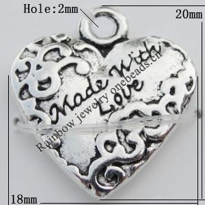 Pendant Zinc Alloy Jewelry Findings Lead-free, Heart 18x20mm Hole:2mm, Sold by Bag