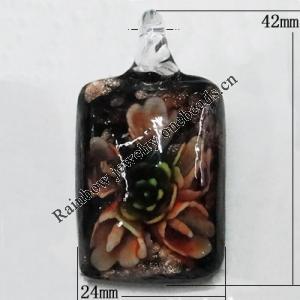 Inner Flower Handmade Gold Sand Lampwork Pendants, Rectangle 42x24mm Hole:5mm, Sold by PC