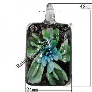 Inner Flower Handmade Gold Sand Lampwork Pendants, Rectangle 42x24mm Hole:5mm, Sold by PC