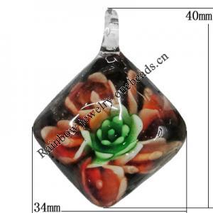 Inner Flower Handmade Gold Sand Lampwork Pendantst, Diamond 40x34mm Hole:5mm, Sold by PC