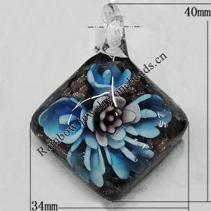 Inner Flower Handmade Gold Sand Lampwork Pendants, Diamond 40x34mm Hole:5mm, Sold by PC