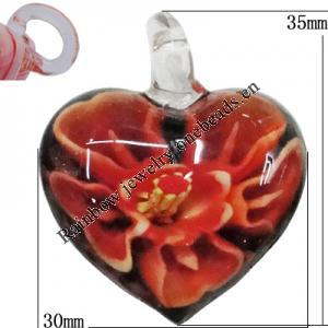 Inner Flower Handmade Lampwork Pendants, Heart 35x30mm Hole:5mm, Sold by PC