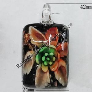 Inner Flower Handmade Gold Sand Lampwork Pendants, Rectangle 42x24mm Hole:5mm, Sold by PC