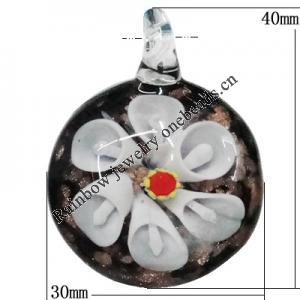 Inner Flower Handmade Gold Sand Lampwork Pendants, Round 40x30mm Hole:5mm, Sold by PC
