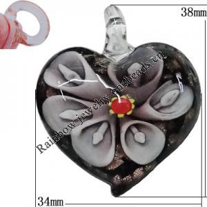 Inner Flower Handmade Gold Sand Lampwork Pendants, Heart 38x34mm Hole:5mm, Sold by PC