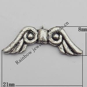 Bead Zinc Alloy Jewelry Findings Lead-free, Wing 21x8mm Hole:1mm, Sold by Bag