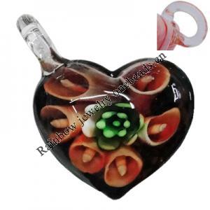 Inner Flower Handmade Lampwork Pendants, Heart 40x30mm Hole:5mm, Sold by PC