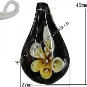 Inner Flower Handmade Lampwork Gold Sand Pendants, Teardrop 45x27mm Hole:7mm, Sold by PC