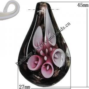 Inner Flower Handmade Lampwork Gold Sand Pendants, Teardrop 45x27mm Hole:7mm, Sold by PC