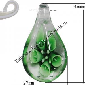 Inner Flower Handmade Lampwork Pendants, Teardrop 45x27mm Hole:7mm, Sold by PC