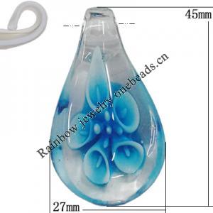 Inner Flower Handmade Lampwork Pendants, Teardrop 45x27mm Hole:7mm, Sold by PC