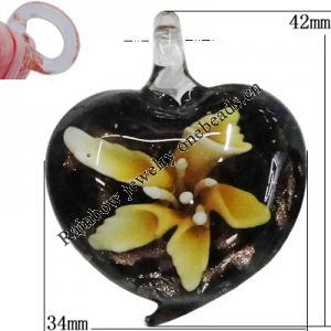 Inner Flower Handmade Lampwork Gold Sand Pendants, Heart 42x34mm Hole:7mm, Sold by PC