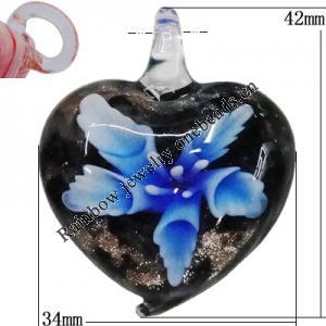 Inner Flower Handmade Lampwork Gold Sand Pendants, Heart 42x34mm Hole:7mm, Sold by PC