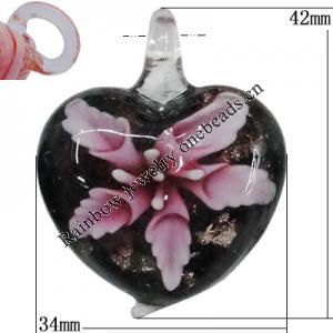 Inner Flower Handmade Lampwork Gold Sand Pendants, Heart 42x34mm Hole:7mm, Sold by PC