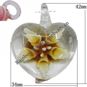 Inner Flower Handmade Lampwork Pendants, Heart 42x34mm Hole:5mm, Sold by PC