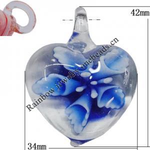 Inner Flower Handmade Lampwork Pendants, Heart 42x34mm Hole:5mm, Sold by PC