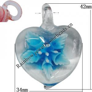 Inner Flower Handmade Lampwork Pendants, Heart 42x34mm Hole:5mm, Sold by PC