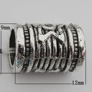 European Style Beads Zinc Alloy Jewelry Findings Lead-free, Column 12x9mm, Hole:6.5mm Sold by Bag
