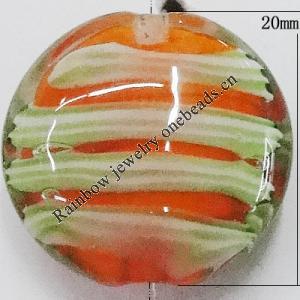 Handmade Lampwork Beads, Flat Round 20mm Hole:1mm, Sold by PC