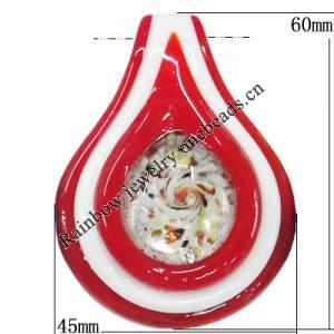 Murano Lampwork Pendants, Teardrop 60x45mm Hole:10mm, Sold by PC