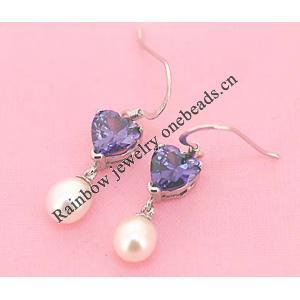 Sterling Silver Earrings platina plating with Pearl, 34x8mm, Sold by Pair