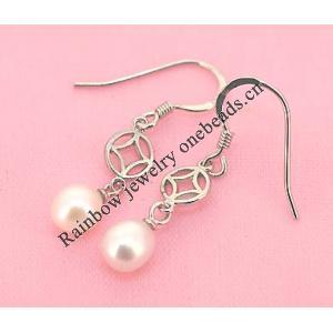 Sterling Silver Earrings platina plating with Pearl, 33x6.5mm, Sold by Pair