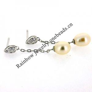 Sterling Silver Earrings platina plating with Pearl, 32x6mm, Sold by Pair