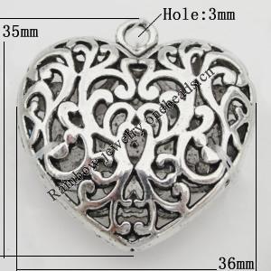 Pendant Zinc Alloy Jewelry Findings Lead-free, Heart 35x36x13mm Hole:3mm, Sold by Bag