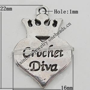 Pendant Zinc Alloy Jewelry Findings Lead-free, 16x22mm Hole:1mm, Sold by Bag