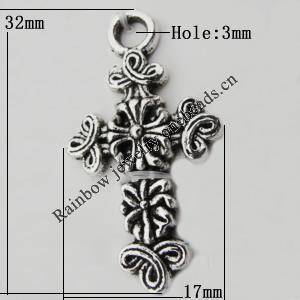 Pendant Zinc Alloy Jewelry Findings Lead-free, Cross 17x32mm Hole:3mm, Sold by Bag