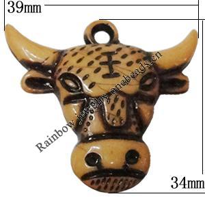 Imitation Wood Acrylic Pendants, Animal Head 34x39mm Hole:3.5mm, Sold by Bag