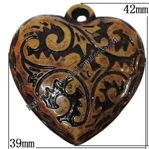 Imitation Wood Acrylic Pendants, Heart 42x39mm Hole:3.5mm, Sold by Bag
