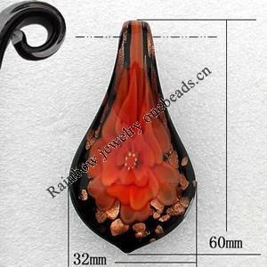 Inner Flower Handmade Lampwork Gold Sand Pendant, Leaf 60x32mm Hole:About 8mm, Sold by PC