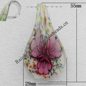 Inner Flower Handmade Lampwork Gold Sand Pendant, Leaf 59x29mm Hole:About 8mm, Sold by PC 