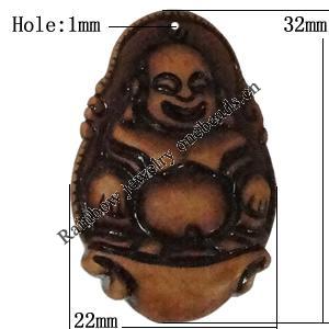Imitation Wood Acrylic Pendants, Buddha 32x22mm Hole:1mm, Sold by Bag