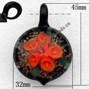 Inner Flower Handmade Lampwork Gold Sand Pendant, 45x32mm Hole:About 8mm, Sold by PC 