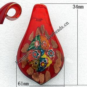 Inner Flower Handmade Lampwork Gold Sand Pendant, Leaf 61x34mm Hole:About 8mm, Sold by PC 