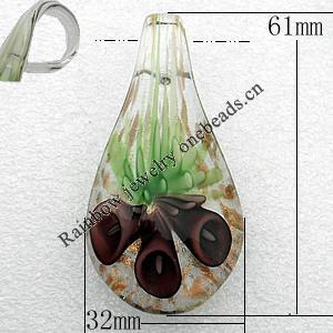 Inner Flower Handmade Lampwork Gold Sand Pendant, Teardrop 61x32mm, Hole:About 5mm Sold by PC