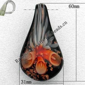 Inner Flower Handmade Lampwork Gold Sand Pendant, Teardrop 60x31mm, Hole:About 8mm Sold by PC