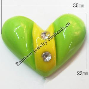 Resin Cabochons, No Hole Headwear & Costume Accessory, Heart with Acrylic Zircon 23x35mm, Sold by Bag