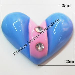 Resin Cabochons, No Hole Headwear & Costume Accessory, Heart with Acrylic Zircon 23x35mm, Sold by Bag