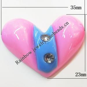 Resin Cabochons, No Hole Headwear & Costume Accessory, Heart with Acrylic Zircon 23x35mm, Sold by Bag