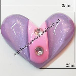 Resin Cabochons, No Hole Headwear & Costume Accessory, Heart with Acrylic Zircon 23x35mm, Sold by Bag