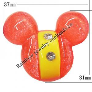 Resin Cabochons, No Hole Headwear & Costume Accessory, Animal Head with Acrylic Zircon 31x37mm, Sold by Bag