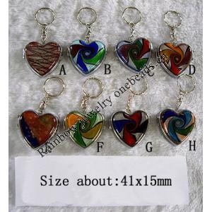 Lampwork Glass Key Chain, Heart About 41X15mm, Sole by PC